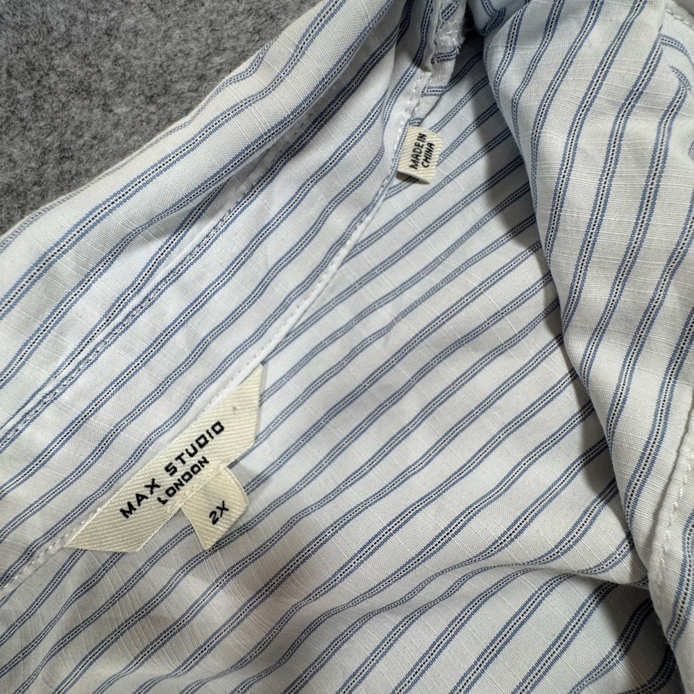 Max Studio London Pinstripe Blouse 2X Blue White Tie Sleeve Button Cuff - Picture 4 of 10